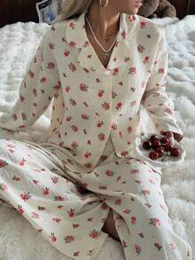 Nina Bonheur 2pcs Women Loose Comfortable Breathable Long Sleeve Top + Long Pants Pajama Set, Cute Homewear - Beige - View 6