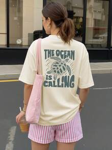 Call Of The Ocean & Sea Turtle Print Loose Summer Women Short Sleeve Top, Casual Wear, Summer T-Shirt, Summer Top, Graphic Tee, Chinese New Year, Lunar New Year, Year Of The Horse, Spring Festival, Happy New Year, Valentine's Day, Valentine's Day Gift, Gift For Her - Apricot - View 2