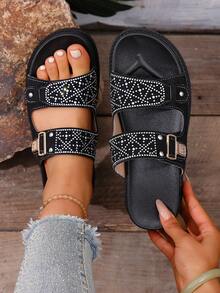 1 par de sandalias abiertas de mujer con suela gruesa brillante, hebilla de metal texturizada con rhinestones, cómodas y versátiles, adecuadas para el verano - Negro - Ver 2