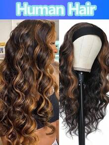 16inch Brown Highlight Headband Wigs For Women Daily Wear 150% Denisty Body Wave Human Hair Headband Wigs Brown Ombre Blonde None Lace Glueless Human Hair Wig - S2/33 - View 5