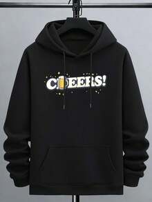 Men's Hoodie, Cheers Beer Graphic Design, Premium Cotton, Loose Fit, Breathable, Street Hip Hop, Artistic Print. - Black - View 2