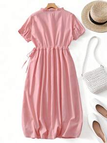 Women's Casual Lace Trim Loose Waist Midi Dress, Short Sleeve, Spring/Summer Pink - Pink - View 2