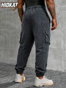 Hidkat 男士灯芯绒工装慢跑裤，多口袋休闲街头风 - 灰色 - 查看 3