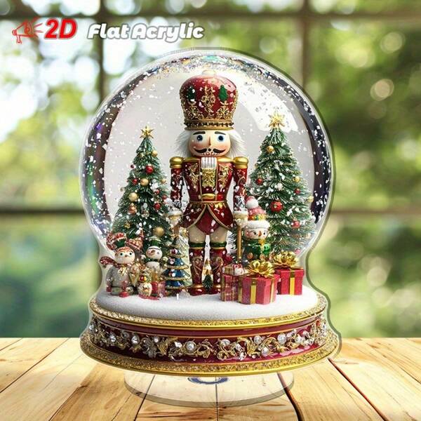 2D Plat, 2D Plat 1 Soldat Casse-Noisette Boule de Neige Rotative - Décoration de Bureau Acrylique 2D Plat, Base Dorée Dôme Transparent, Décoration de Noël d'Intérieur/Extérieur, Convient pour la Maison, le Bureau ou la Décoration de Fête - Scène d'Hiver Élégante, Soldat Casse-Noisette