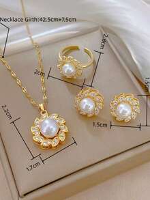3pcs Pearl Sunflower Jewelry Set - Necklace, Ring, Earrings, Luxury Minimalist Shiny Zinc Alloy Accessories Set - Necklace - View 3