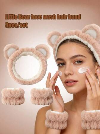 3pcs/Set Cute Bear Design Hair Accessories, Cartoon Cute Waterproof Hair Bands, Wristbands, Solid Color Plush Waterproof Hair Bands, Hair Bands, Wristbands (Women)