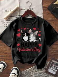 Camiseta negra con estampado de gato lindo y corazón, de manga corta, cuello redondo, casual y de corte holgado, perfecta para la celebración del Día de San Valentín - Negro - Ver 1