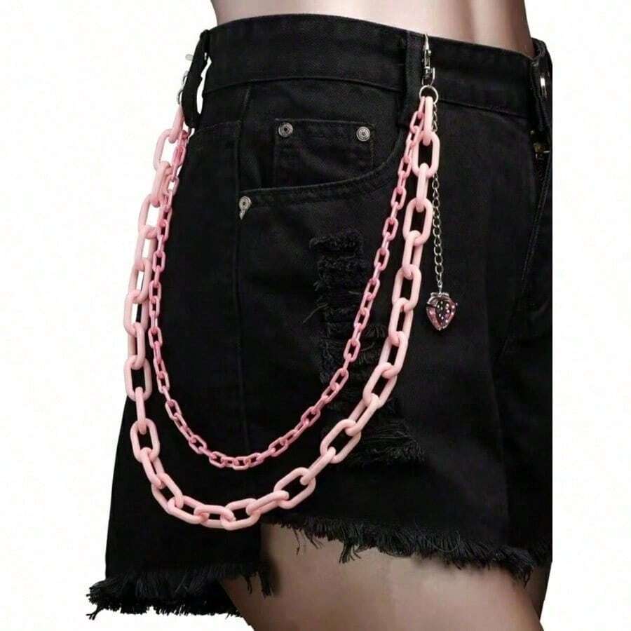 ROMWE Kawaii 1pc Sweet And Cool Dual-Layered Pink Acrylic Strawberry-Shaped Ladies' Pants Chain School Valentines - Pink - View 1