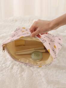 1pc Portable Cosmetic Bag With Letter & Heart Pattern, Double-Sided Printing, Zipper Travel Makeup Pouch, Multi-Functional Toiletry Organizer - Multicolor - View 3