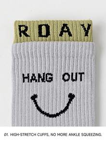 1/7 Pairs Unisex Couple Letter, Number, Smiling Face Pattern Personalized 7-Day Breathable Cotton Crew Socks, Suitable For Travel, Home, Office, Holiday Gifts - Multicolor - View 4