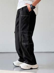 1pc Young BoyTrendy Streetwear Style Straight Leg Cargo Pants With Decorative Seam And Multi-Pockets Design - Black - View 4