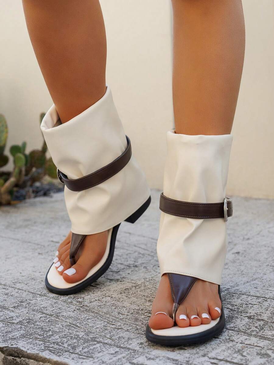 Women's Sandals 2026 New Summer Thick Heel Toe Post Sandals White Bootcut Boots Niche Roman High Heel Outdoor Riding Sandals Beach Buckle Beach - Beige - View 1