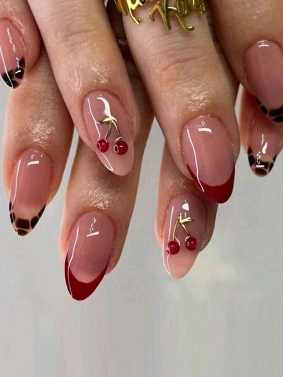 24pcs Medium Almond Shaped Nail Stickers, Leopard Print French Manicure, Red 3D Cherry Pattern, Retro Full Coverage Design, Includes 1pc Gel Polish & 1pc Nail File, Suitable For Women & Girls Daily Wear - Multicolor - View 1