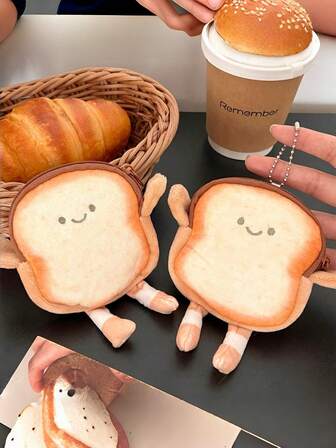 Cute Toast Shaped Coin Purse With Keychain Attachment (No Keyring) - Lightweight, Perfect For Backpacks, Earphones And Small Item Storage