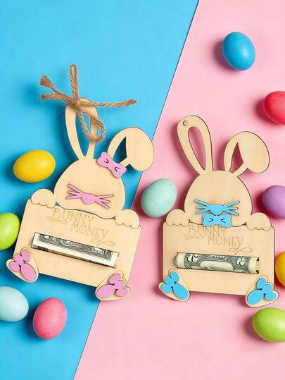 1pc Easter Bunny Wooden Wallet, Featuring Red & Blue Bunny Design And Bunny Pattern Bill Graphic, Suitable For Easter Party Decor, Gifts, Envelopes And Holiday Supplies