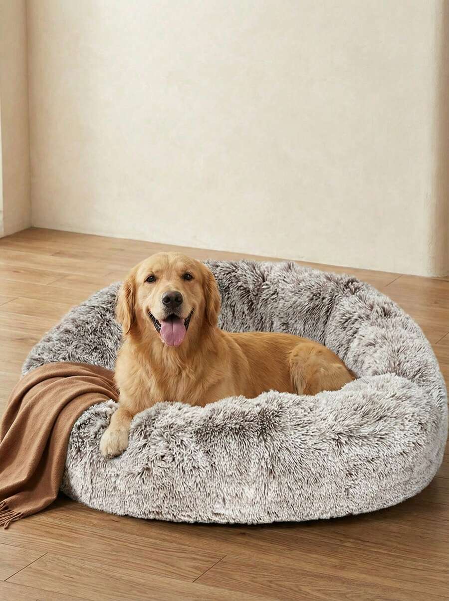 1pc Plush Round Pet Bed With Non-Slip Bottom, Winter Use For Small, Medium, And Large Dogs And Cats - Mocha Brown - View 1