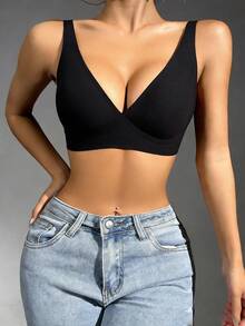 Ladies' Daily Casual Deep V-Neck Bra, Sexy And Fashionable, Comfortable And Soft, With A Wire-Free Design Bra - Black - View 1
