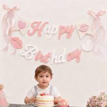 儿童男孩女孩粉色樱花生日派对装饰背景横幅蝴蝶结字母三角旗 - 彩色 - 查看 10