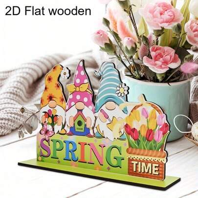 1件装 2D 平面装饰牌，春季矮人和郁金香主题木质桌面摆件 - 充满活力的橙色、粉色、蓝色矮人，搭配木屋和鲜花，非常适合家居、办公室、节日、工艺品，理想的春季礼物，季节性家居装饰 | 矮人主题装饰 |