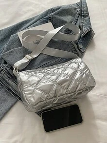 1pc Quilted Shiny Polyester Zipper Crossbody Bag, Fashionable For Women Daily Use - Silver - View 3