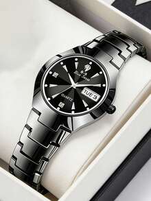 2pcs/Set Stainless Steel Men Women Couple Watches, Alloy Band Dial And Dual Calendar Date Display, Rhinestone Inlaid Marker Quartz Wristwatch, Valentine's Day Gift - Black - View 4