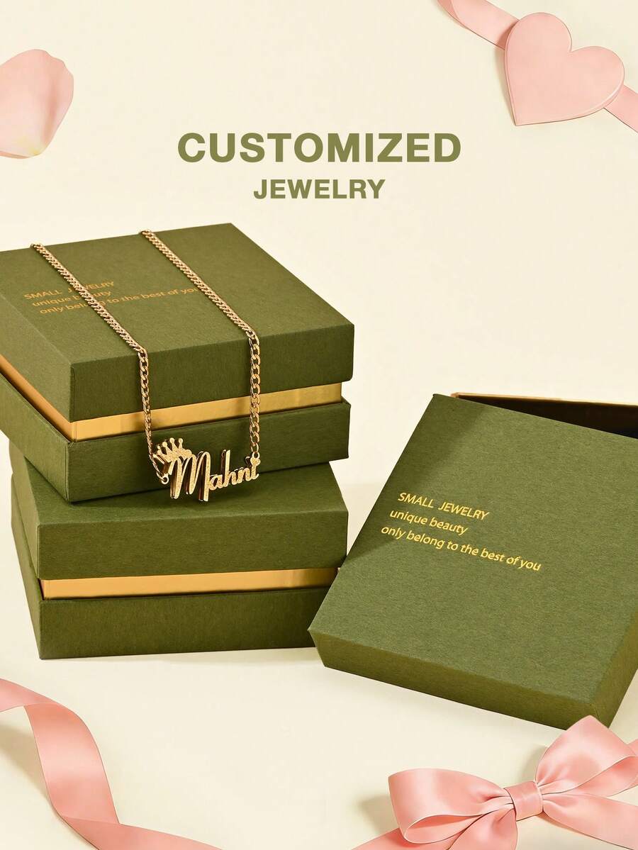 [Valentine's Day Selection] Personalized Customized Necklaces, Customized Text Necklaces, Double Layered 3D Necklaces With First Letter Crowns, Frosted Necklaces, Sparkling, Valentine's Day Gifts, Gold And Stainless Steel Jewelry, Customization, Gift Box Style, Gift Selection. - Selected Items - View 1