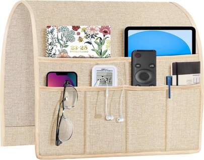 Joywell Soporte para control remoto en beige, organizador de reposabrazos de sillón reclinable, organizador de sofá, organizador de reposabrazos de sofá de tela de lino en color tostado con 6 bolsillos para guardar revistas, tableta, teléfono, iPad