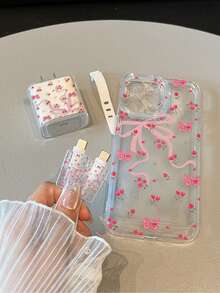 4pcs Transparent TPU Floral & Bowknot Pattern Charger Cable Protector Case + Matching Phone Case Compatible With 20W Fast Charging Compatible With IPhone 13/13 Pro/13 Pro Max/13 Mini - Black and White - View 2