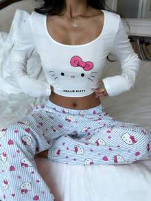 SANRIO Bộ đồ ngủ 2 món cổ tròn tay dài in họa tiết Hello Kitty dành cho nữ + quần ống đứng cạp chun - Màu xanh lam - Xem 2