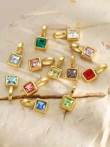 VJS 1pc Colorful Cubic Zirconia Pendant, 18K Gold Plated Stainless Steel, Birthstone Necklace DIY Accessory - Multicolor - View 7