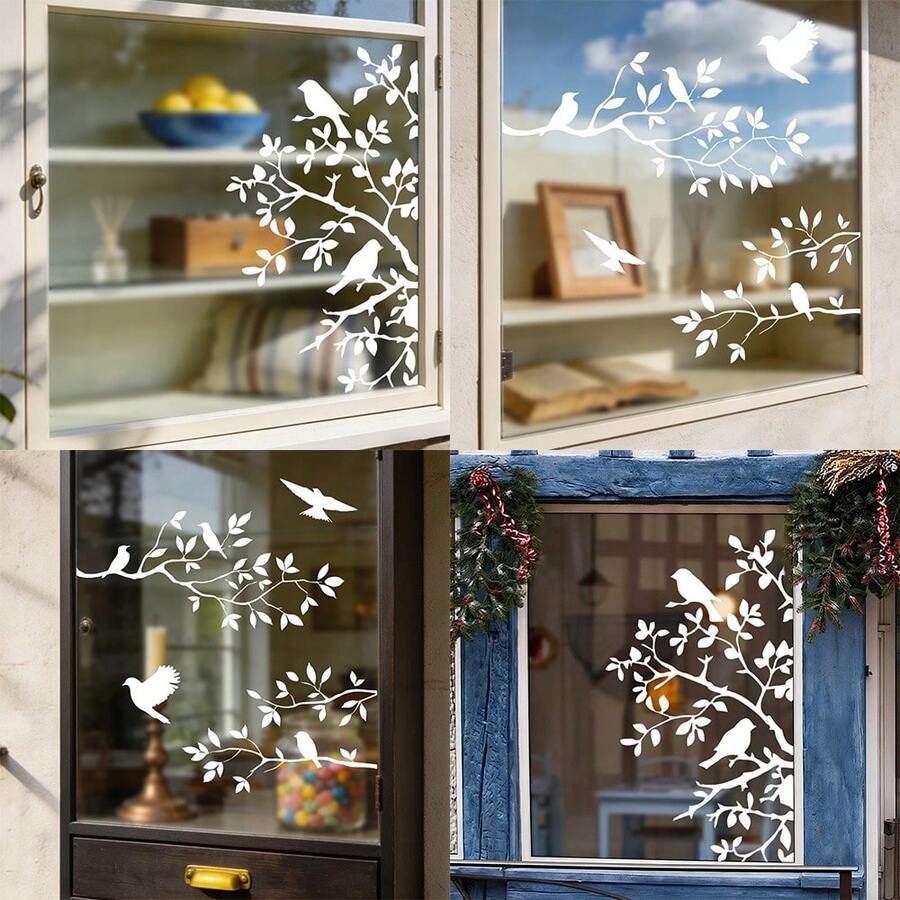 1/2 piezas Calcomanía de ventana con silueta de pájaro blanco abstracto, pegatina de vinilo con patrón de rama de árbol removible, sin gel, adherencia estática, adecuada para decoración de puertas de vidrio del hogar - Multicolor - Ver 1
