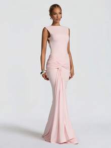 Women's Elegant Sleeveless Backless Mermaid Maxi Knit Cocktail Dress, Formal Evening Gown, Wedding Guest Dress, Party Dress, Valentine's Day Dress - Pink - View 3