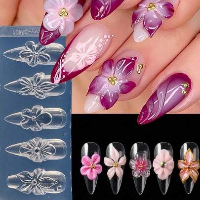 1pc 3D Charming Spring Silicone Carving Mold, 5 Flower Pattern Embossed Mold, Stamping Plate For DIY Nail Art Gel, Nail Art Tools & Supplies