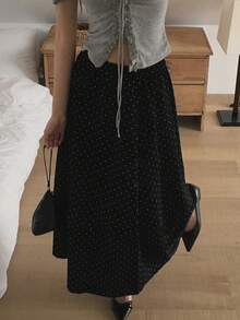 Versatile Casual Polka Dot Patchwork Skirt - Black - View 4