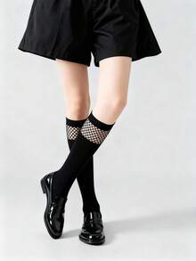 2 Pairs Women's Black Fishnet Knee High Socks, Thin Hollow Lace Lolita Style Long Socks, Summer - Black - View 6