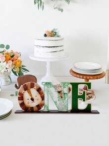 1件丛林动物狮子木制摆件，适合1-2岁宝宝生日派对，生日派对背景装饰、桌面装饰摆件，狮子主题木制摆件，家居装饰，生日礼物，一周岁生日派对装饰，宝宝迎婴派对装饰礼物 - 彩色 - 查看 3