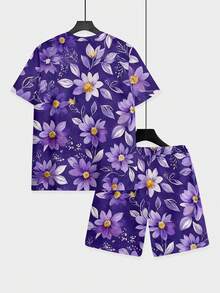 Two-Piece Men's Summer Vacation/Outing Set In A Purple Floral Knit Fabric, Featuring A Full And Soft Texture And Short-Sleeved Beach Shorts. - 彩色 - 查看 5