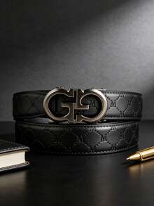 男士合金自动扣高级真皮皮带 - 奢华字母 M 压纹图案，适合搭配商务西装/牛仔裤，是理想的男士生日/圣诞礼物。 - 彩色 - 查看 3