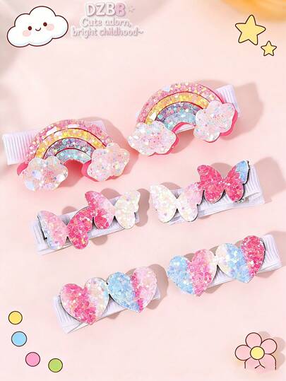6 Stücke bunte Glitzer Haarclips, Regenbogen & Herz & Schmetterling Accessoires, süße Haarspangen für Mädchen Kinderparty Geschenke