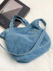 New Denim Fabric Women's Fashion Tote Bag, Large Capacity For Daily Casual, Commuting, Travel - Baby Blue - View 8
