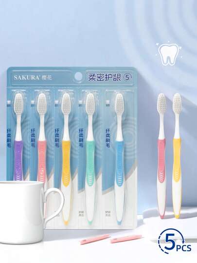 5pcs/Set High Quality Soft Bristle Adult Toothbrushes, Value Pack For Couples & Travel