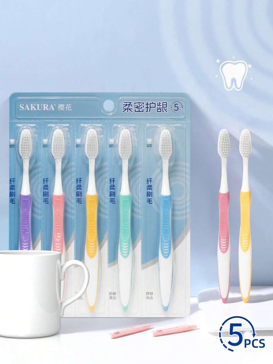 5pcs/Set High Quality Soft Bristle Adult Toothbrushes, Value Pack For Couples & Travel - Multicolor - View 1