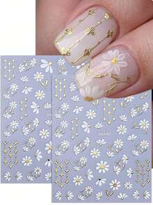 2片装3D金属雏菊美甲贴纸，白金蕾丝花叶印花全息波西米亚风自粘美甲贴，适合春夏 - 彩色 - 查看 8