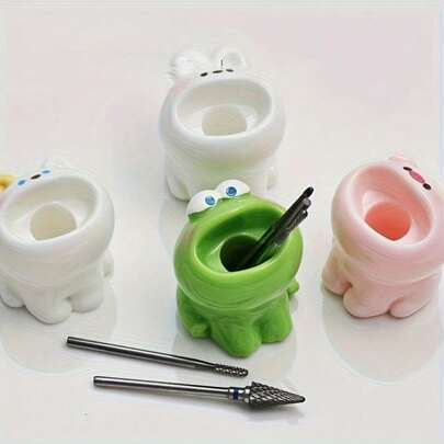 4pcs Cartoon Nail Art Storage Tools Set | Resin Pig, Rabbit, Frog Big Mouth Bubble Bowl, Nail Desk Pen Holder, Nail File Decoration