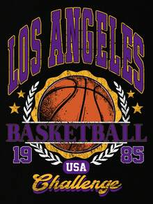 1pc Boys' Casual Cartoon Basketball Letter Print Round Neck T-Shirt, Soft Fabric, Vintage Los Angeles Basketball Graphic, Suitable For Daily Play, Leisure Outings And Spring/Summer Sports Gatherings - Black - View 2