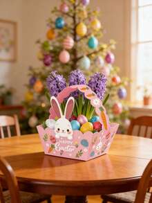 4个装便携式复活节兔子礼品袋纸板糖果篮，复活节快乐纸质糖果篮，可爱兔子小鸡造型糖果礼盒，派对糖果盒，可爱动物主题节日礼品包装用品 - 彩色 - 查看 2