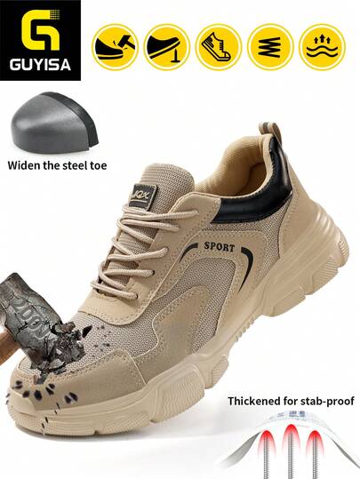 GUYISA Breathable & Comfortable Safety Shoes, Steel Toe Cap, Anti-Smash & Anti-Puncture EVA Sole, Fashionable Beige Low-Top Work Boots For Men