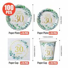 Set di piatti, tovaglioli, bicchieri usa e getta con foglie verdi su sfondo bianco per 25 invitati, adatto per compleanni, matrimoni, feste a tema, picnic in famiglia - Multicolore - Visualizzare 2