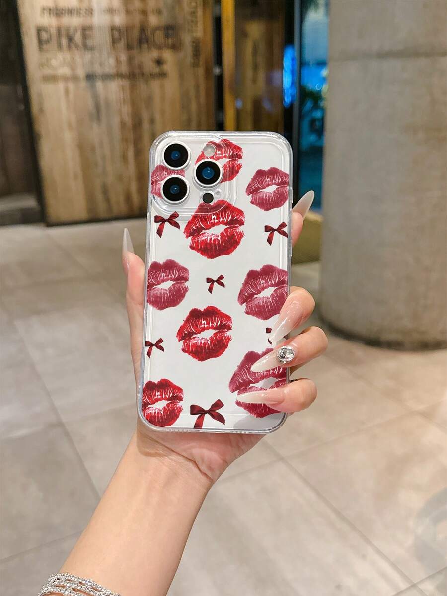 Space-Age Transparent Case With Kiss Pattern, TPU Drop-Proof Full-Coverage Precision Protective Case For Apple /11/12/13/14/15/16/17 Pro Max/Plus/Pro. Stylish Phone Case, Holiday Gift/Couple Phone Case. - 無色 - 查看 1