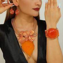 1 Set Handmade Exaggerated Multi-Layer Aluminum Wire Woven Resin Chain Bohemian European Middle Eastern Style Necklace, Earrings, Bracelet With Artificial Crystal Shapes, Suitable For Evening Party, Vacation - Orange - View 1